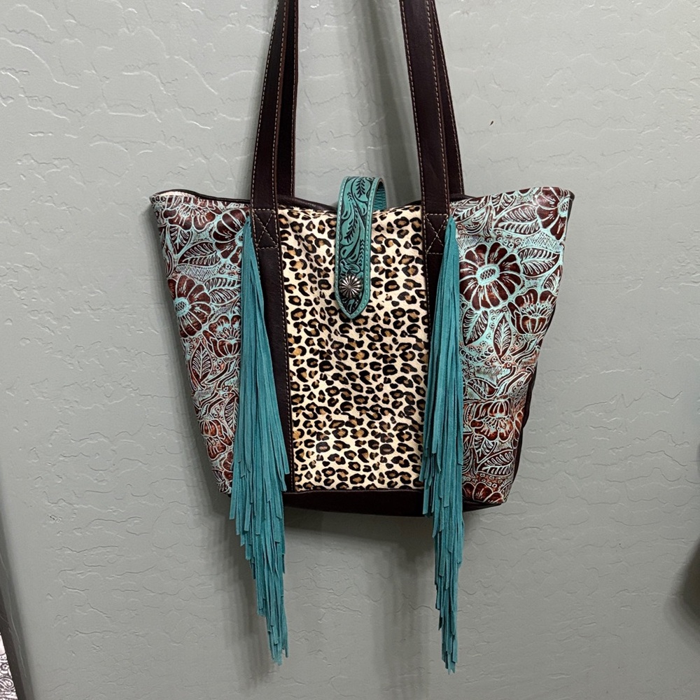 Turquoise & Brown Floral Leopard Tote Bag with Fringe